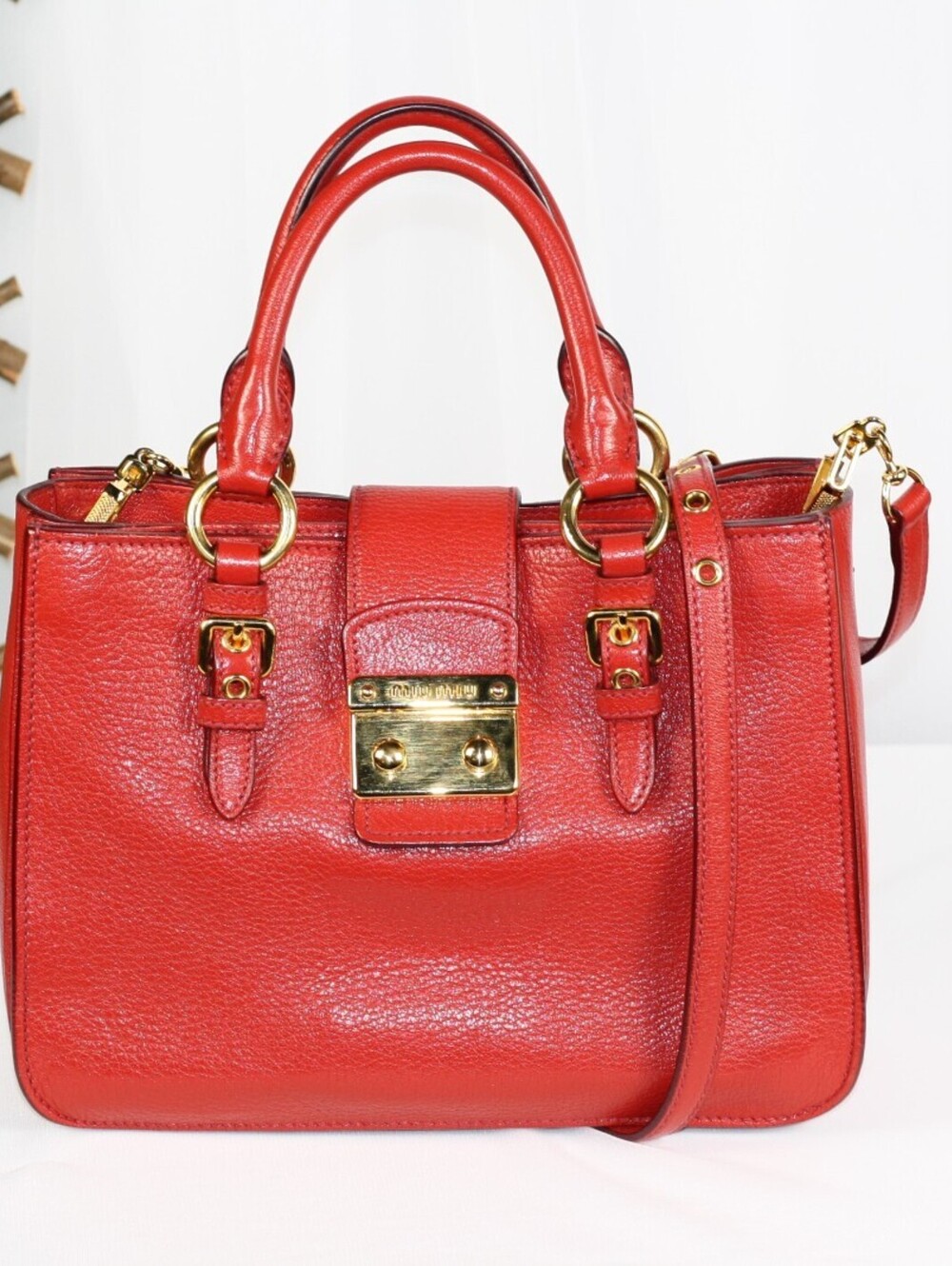 Miu Miu Red Calfskin Leather 2-Way Top Handle Shoulder Bag Gold Hardware